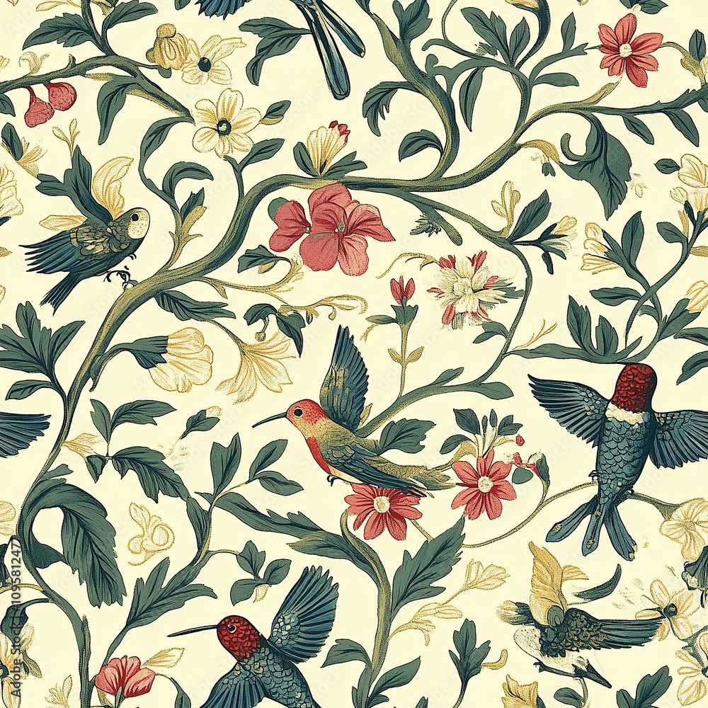 Seamless pattern with hummingbirds, flowers and vines on a cream background. Seamless pattern with hummingbirds, flowers and vines on a cream background.