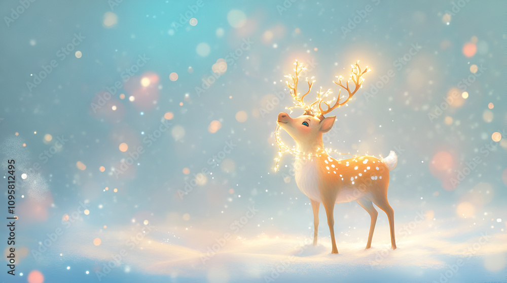Whimsical animated reindeer glowing with string lights in a winter wonderland bringing joy and magic to holiday imagery Whimsical animated reindeer glowing with string lights in a winter wonderland bringing joy and magic to holiday imagery