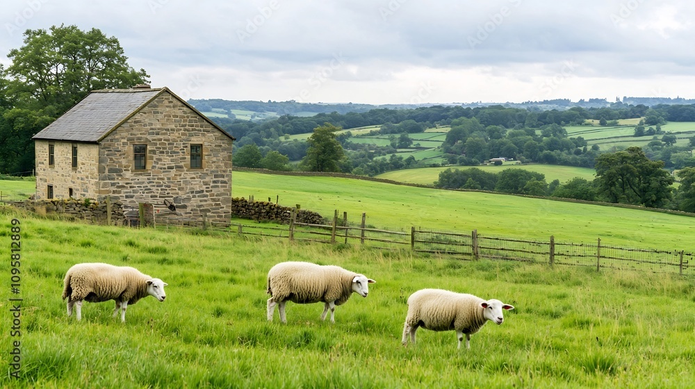 A tranquil and picturesque countryside scene featuring a small stone cottage nestled amidst a lush green meadow dotted with grazing sheep creating a serene and idyllic pastoral setting A tranquil and picturesque countryside scene featuring a small stone cottage nestled amidst a lush green meadow dotted with grazing sheep creating a serene and idyllic pastoral setting