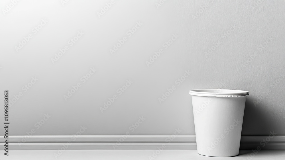 Simple white trash can against a blank wall background Simple white trash can against a blank wall background