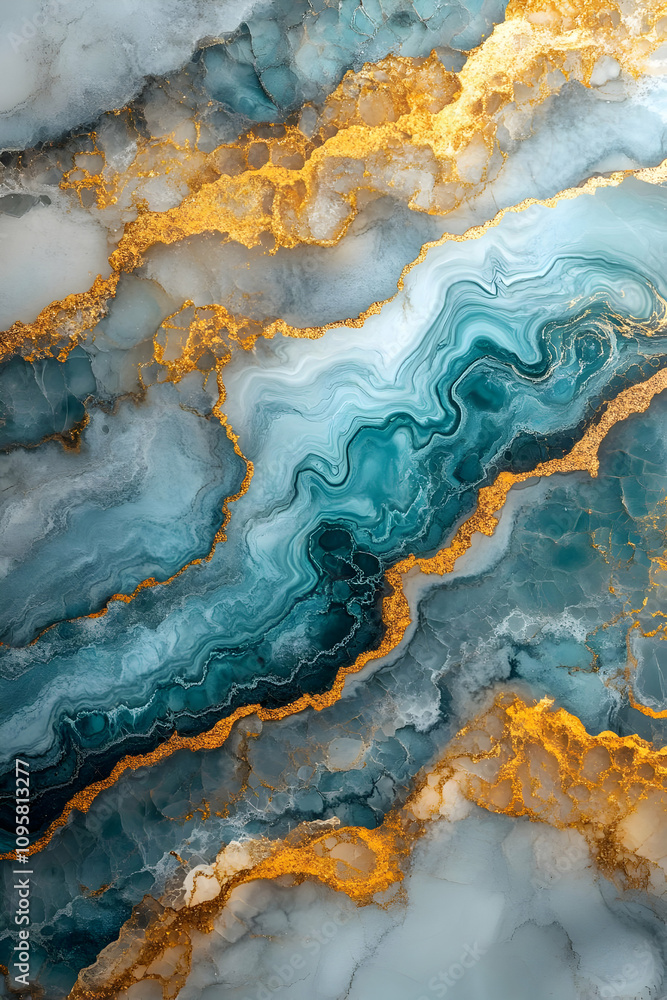 Fototapeta premium Teal Gold Abstract Ink Marble Background