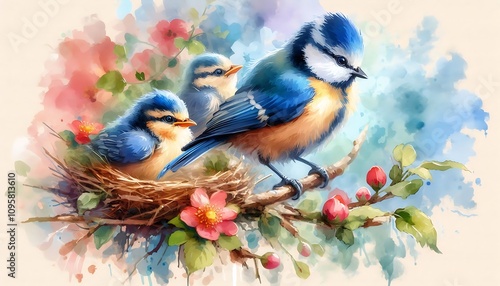 Blue Tits in Nest Among Colorful Spring Blossoms. generator AI photo