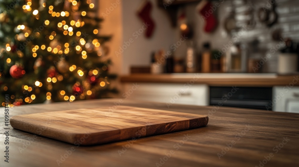 35.A rustic wooden serving board placed on a wooden table, with a softly lit kitchen in the background. A blurred Christmas tree, glowing with lights and ornaments, adds a festive touch to the scene. 35.A rustic wooden serving board placed on a wooden table, with a softly lit kitchen in the background. A blurred Christmas tree, glowing with lights and ornaments, adds a festive touch to the scene.