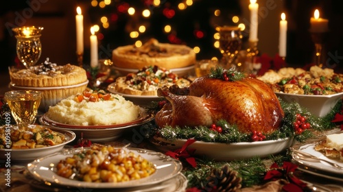 96.A beautifully set Christmas dinner table showcasing a variety of dishes, including a roasted turkey, mashed potatoes, roasted vegetables, and assorted pies. The table is adorned with candles,