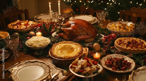 96.A beautifully set Christmas dinner table showcasing a variety of dishes, including a roasted turkey, mashed potatoes, roasted vegetables, and assorted pies. The table is adorned with candles,