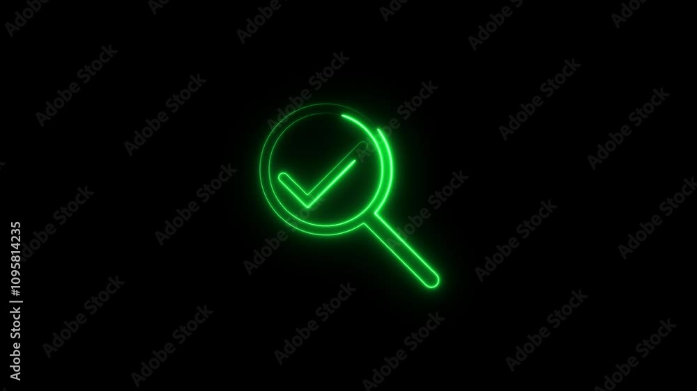 Neon magnifying glass icon with checkmark icon concept.Search, focus, zoom, business symbol. 4K Video motion graphic animation Neon magnifying glass icon with checkmark icon concept.Search, focus, zoom, business symbol. 4K Video motion graphic animation