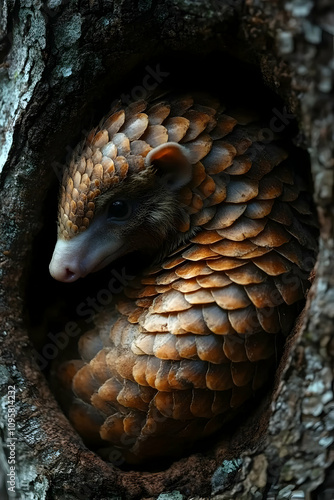 Pangolin in Tree Trunk - Wi...