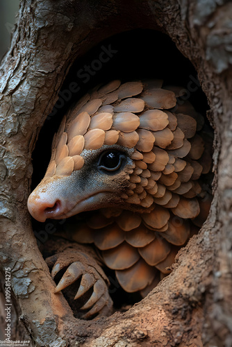 Pangolin in Tree Trunk Real...