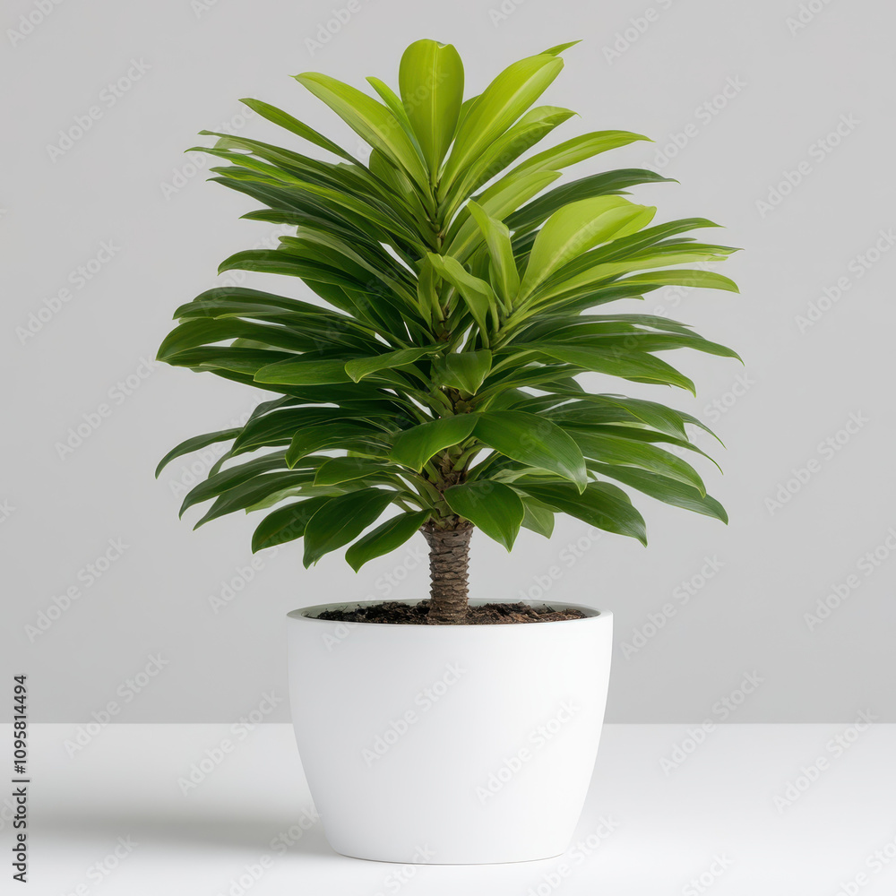 Fototapeta premium compact Norfolk Island pine tree in white pot, showcasing vibrant green foliage. This indoor plant adds touch of nature to any space, enhancing decor with its lush appearance