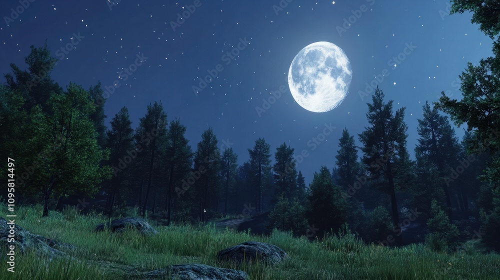 Fototapeta premium Bright full moon casting soft light over a forest clearing, with stars twinkling above