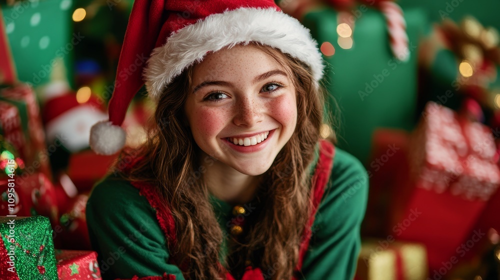 47.A smiling young woman dressed as a Christmas elf, surrounded by a pile of wrapped presents. Her green and red outfit, complete with a pointed hat and jingle bell shoes, adds a playful touch to the 47.A smiling young woman dressed as a Christmas elf, surrounded by a pile of wrapped presents. Her green and red outfit, complete with a pointed hat and jingle bell shoes, adds a playful touch to the