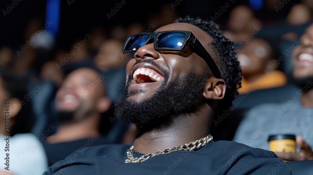 A person in a theater joyfully laughs, wearing 3D glasses, fully engaged with the film's immersive experience. A person in a theater joyfully laughs, wearing 3D glasses, fully engaged with the film's immersive experience.