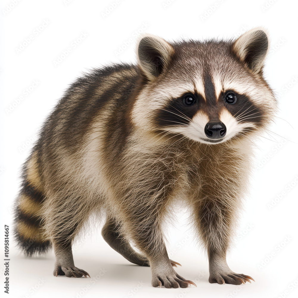 Fototapeta premium curious raccoon standing upright on white background, showcasing its distinctive facial markings and fluffy fur. This playful creature exudes sense of wonder and charm
