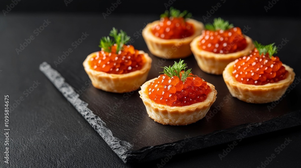 39.A sophisticated holiday appetizer scene featuring mini tartlets filled with red salmon caviar, arranged on a black slate board. The vibrant caviar gleams against the dark background, while the 39.A sophisticated holiday appetizer scene featuring mini tartlets filled with red salmon caviar, arranged on a black slate board. The vibrant caviar gleams against the dark background, while the