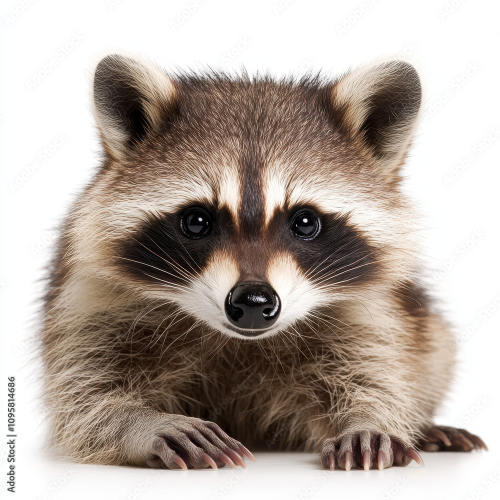 Fototapeta premium curious raccoon with striking facial features and soft fur, gazing intently. This adorable creature showcases its playful nature and charm against clean white background