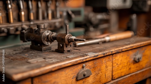 Close up view of various precision tools and a lathe in a metalworking shop or industrial workshop  The image showcases the intricate equipment and machinery used in the process of metal fabrication photo