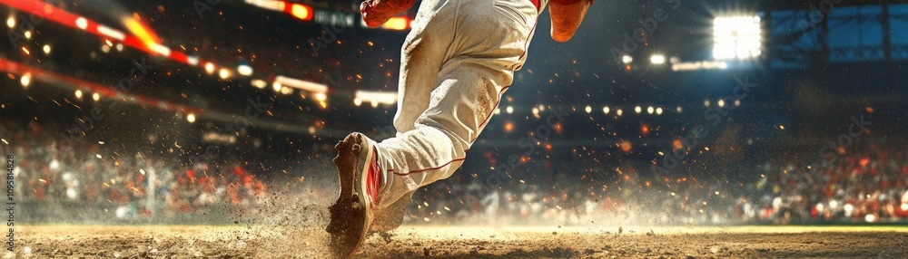 Baseball player running on field stadium action shot evening dynamic perspective sports passion and competition Baseball player running on field stadium action shot evening dynamic perspective sports passion and competition