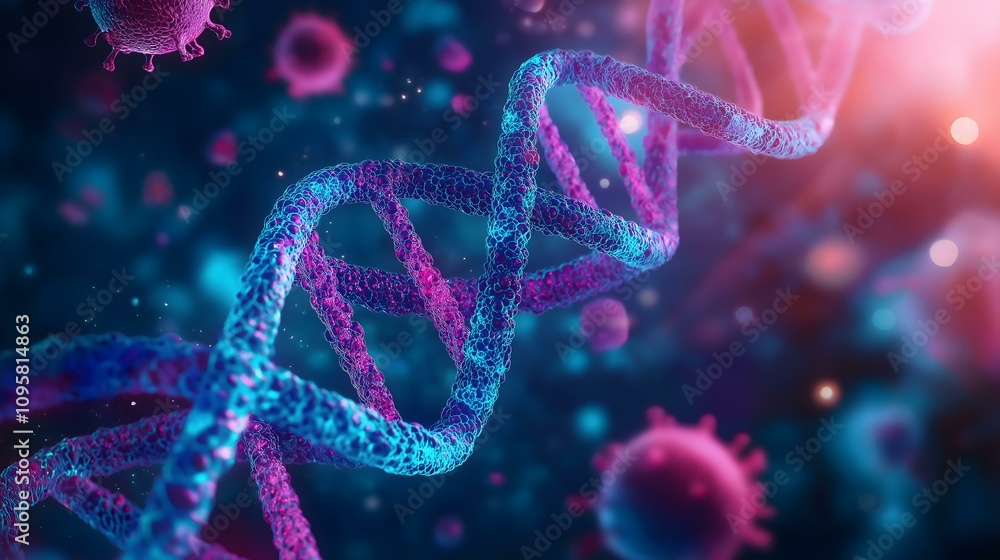 Intricate view of DNA strands illuminated in vibrant colors, showcasing genetic material and microscopic organisms. Intricate view of DNA strands illuminated in vibrant colors, showcasing genetic material and microscopic organisms.