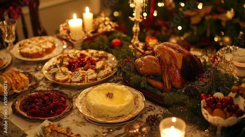 64.A traditional Christmas feast laid out on a festive table, featuring a variety of seasonal foods such as roast turkey, mashed potatoes, cranberry sauce, and holiday desserts. The table is