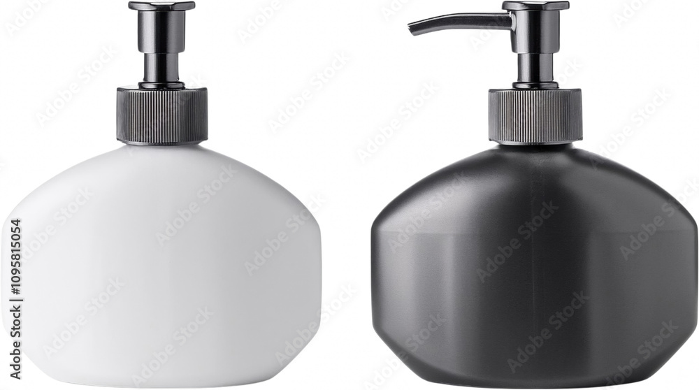 Fototapeta premium Black and White Pump Bottles Dispenser Soap Lotion Shampoo