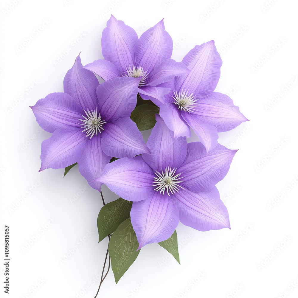 Fototapeta premium Beautiful clematis flowers with large violet blooms and green leaves create stunning visual. Their vibrant colors and intricate details evoke sense of tranquility and elegance