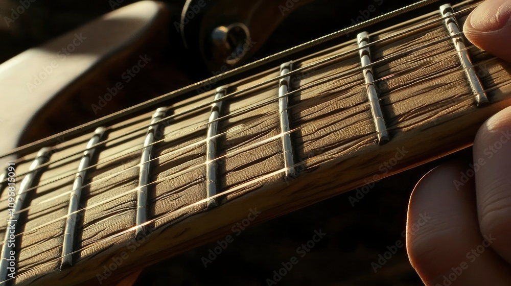 Obraz premium Close-up view of guitar strings and fingers in natural light