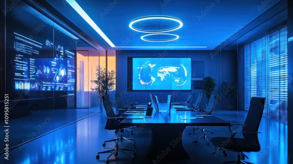 Fototapeta premium Futuristic command center with large screens displaying global data and code.