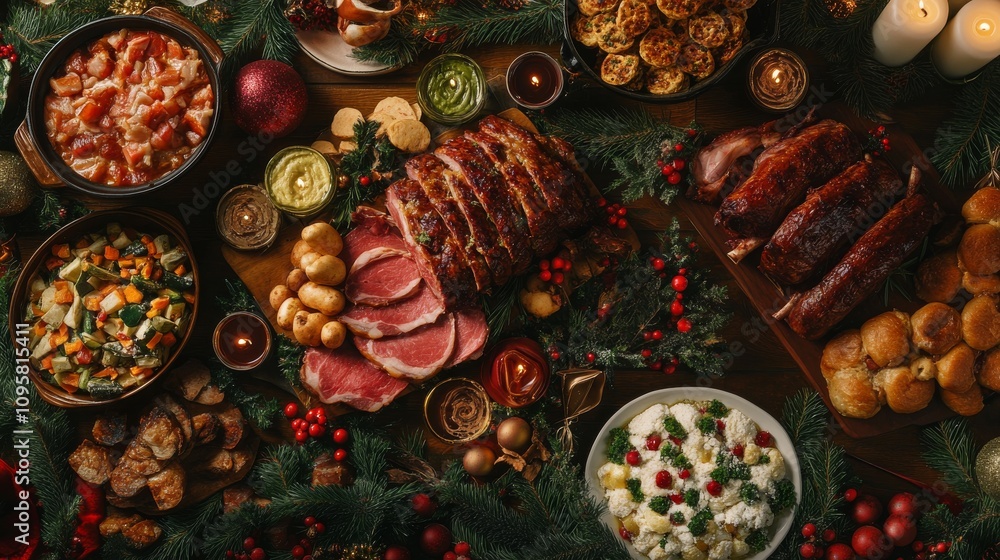 98.A top-down view of a Christmas dinner table filled with a variety of festive dishes, including roast meats, vegetables, and desserts. The table is decorated with candles, garlands, and ornaments, 98.A top-down view of a Christmas dinner table filled with a variety of festive dishes, including roast meats, vegetables, and desserts. The table is decorated with candles, garlands, and ornaments,