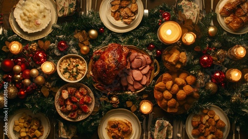 98.A top-down view of a Christmas dinner table filled with a variety of festive dishes, including roast meats, vegetables, and desserts. The table is decorated with candles, garlands, and ornaments,