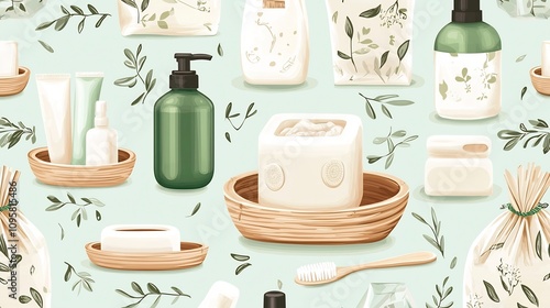 Seamless pattern featuring eco friendly bathroom essentials including biodegradable products bamboo soap dishes and zero waste bags  Showcasing a sustainable
