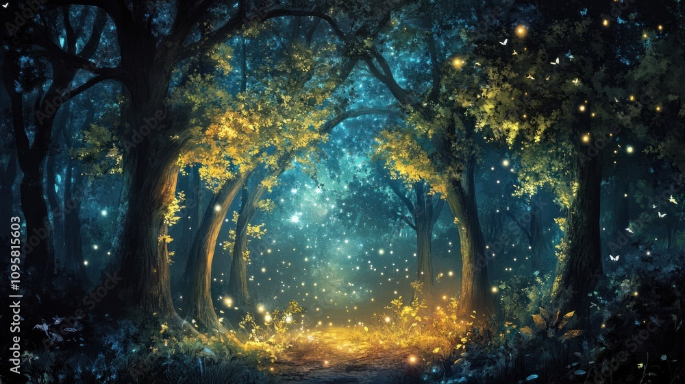Dark forest with faint starlight shining through the treetops, creating a quiet, ethereal scene