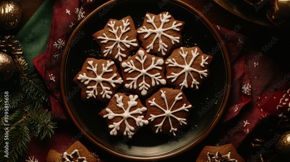 87.A top-down view of gingerbread cookies shaped like snowflakes and bells, beautifully decorated with white icing details. The cookies sit on a dark plate, surrounded by festive red and green 87.A top-down view of gingerbread cookies shaped like snowflakes and bells, beautifully decorated with white icing details. The cookies sit on a dark plate, surrounded by festive red and green