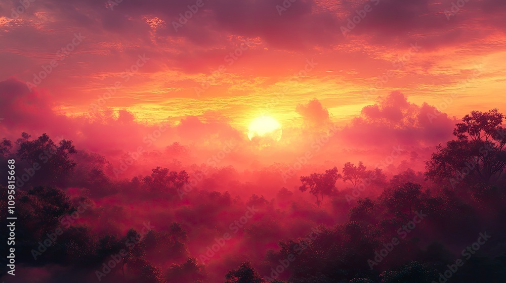 Breathtaking sunset over a misty forest landscape with vibrant colors Breathtaking sunset over a misty forest landscape with vibrant colors