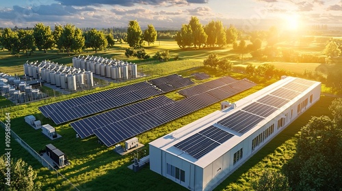 Cutting edge solar energy array with massive battery storage units positioned in an expansive industrial landscape photo