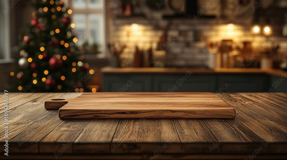 34.A top-down view of a wooden cutting board on a wooden table, with the blurred background revealing a cozy kitchen decorated for Christmas. A twinkling Christmas tree and subtle festive decor 34.A top-down view of a wooden cutting board on a wooden table, with the blurred background revealing a cozy kitchen decorated for Christmas. A twinkling Christmas tree and subtle festive decor