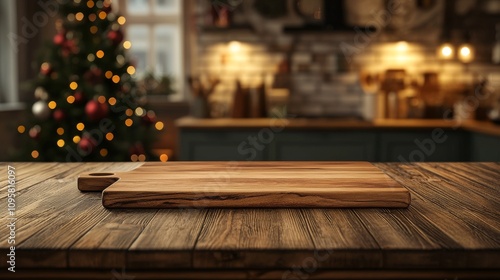 34.A top-down view of a wooden cutting board on a wooden table, with the blurred background revealing a cozy kitchen decorated for Christmas. A twinkling Christmas tree and subtle festive decor