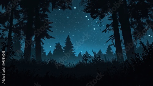 Dark forest with silhouettes of towering trees under a starry night sky, evoking mystery