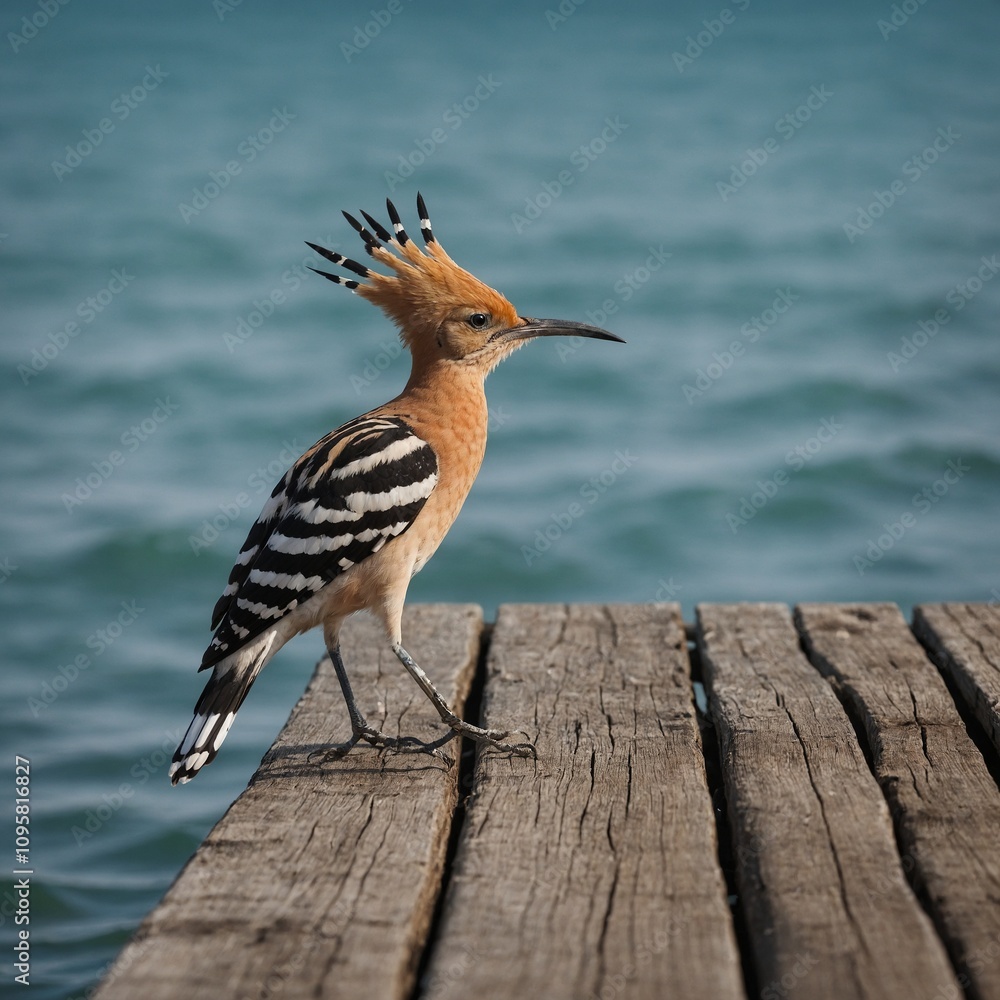 Obraz premium A hoopoe standing on a wooden dock with a calm sea stretching out behind it.