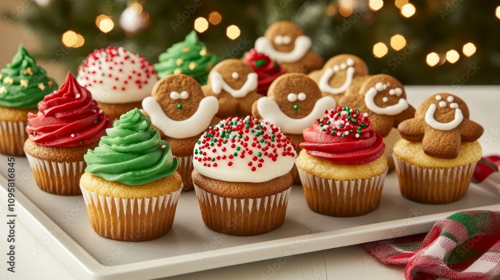 3.A Christmas-themed baking scene with a variety of cupcakes topped with gingerbread cookies and festive sprinkles. The cupcakes are arranged on a holiday platter, each decorated with different 3.A Christmas-themed baking scene with a variety of cupcakes topped with gingerbread cookies and festive sprinkles. The cupcakes are arranged on a holiday platter, each decorated with different