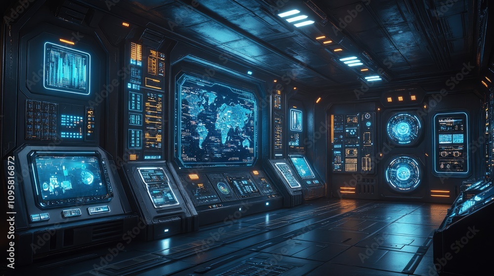 Futuristic control room with digital displays and world map interface Futuristic control room with digital displays and world map interface