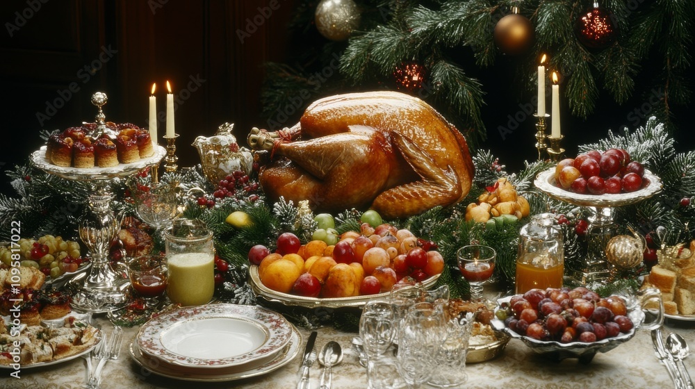 15.A Christmas dining table arranged for a holiday feast, featuring a golden turkey, roasted vegetables, and bowls of fresh fruit. The table is set with fine china and crystal, surrounded by festive 15.A Christmas dining table arranged for a holiday feast, featuring a golden turkey, roasted vegetables, and bowls of fresh fruit. The table is set with fine china and crystal, surrounded by festive