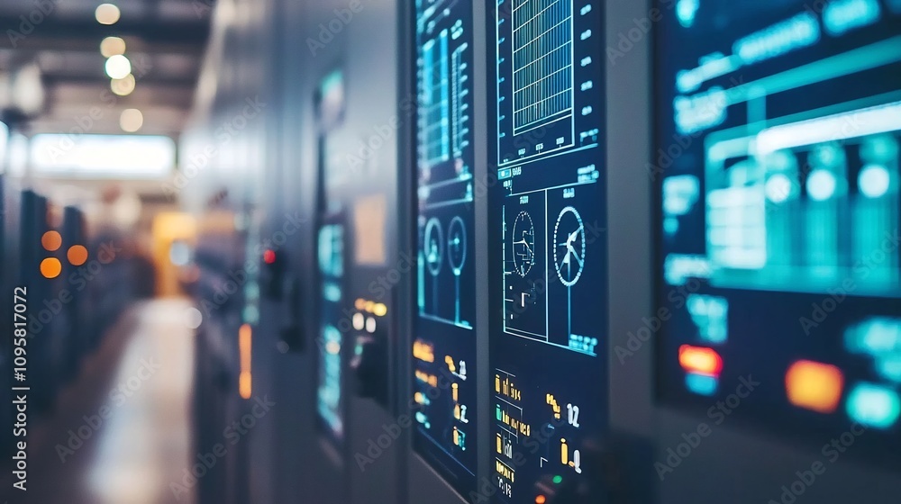 Futuristic energy control room with high tech screens and displays monitoring renewable energy production and battery storage levels for optimized power management and sustainable grid