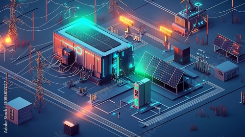 Futuristic electric grid diagram with icons for solar wind and battery storage showcasing the flow of power in a modern sustainable energy network  The depicts a smart
