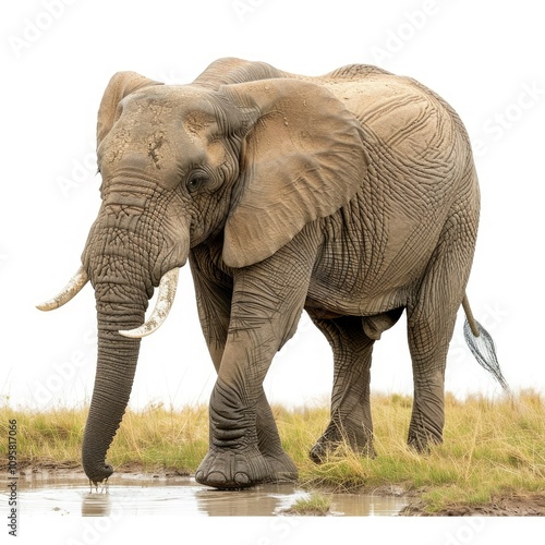 A large bull elephant playing  drinking water  using mud and walking in the grass photo