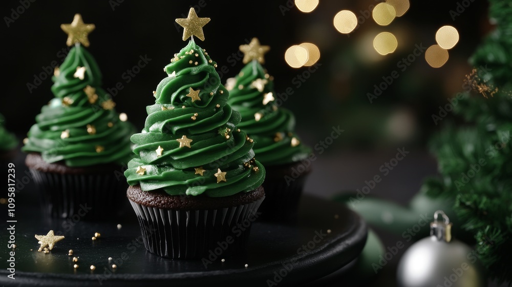 103.A creative composition featuring Christmas tree-shaped cupcakes, topped with green buttercream frosting and edible stars. The cupcakes are placed on a black table, with subtle lighting 103.A creative composition featuring Christmas tree-shaped cupcakes, topped with green buttercream frosting and edible stars. The cupcakes are placed on a black table, with subtle lighting