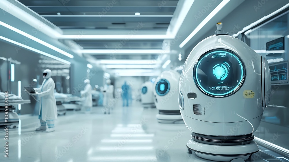 Obraz premium Futuristic hospital setting with advanced intelligence powered robotic assistants collaborating with medical professionals to provide healthcare services and support to patients in a cutting edge
