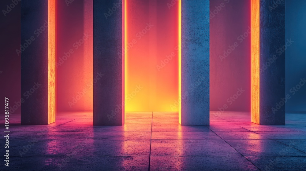 Neon light columns in a dark room. Neon light columns in a dark room.