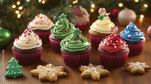 43.A delightful holiday spread featuring cupcakes with colorful frosting and gingerbread cookie toppings. Each cupcake is decorated with edible holiday-themed ornaments, while the gingerbread cookies