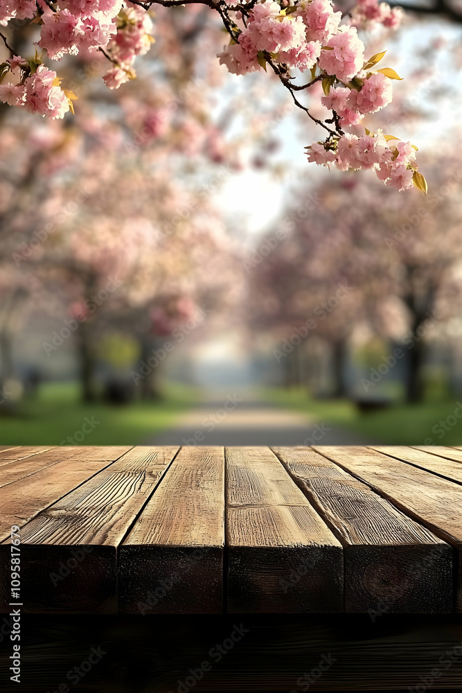 Fototapeta premium Wooden Table Background with Blooming Cherry Blossoms