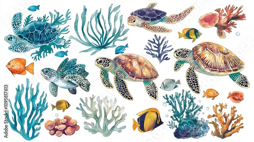 This vibrant and detailed sticker collection showcases a diverse array of underwater sea creatures and coral reef elements  creating a captivating and nature inspired digital artwork photo